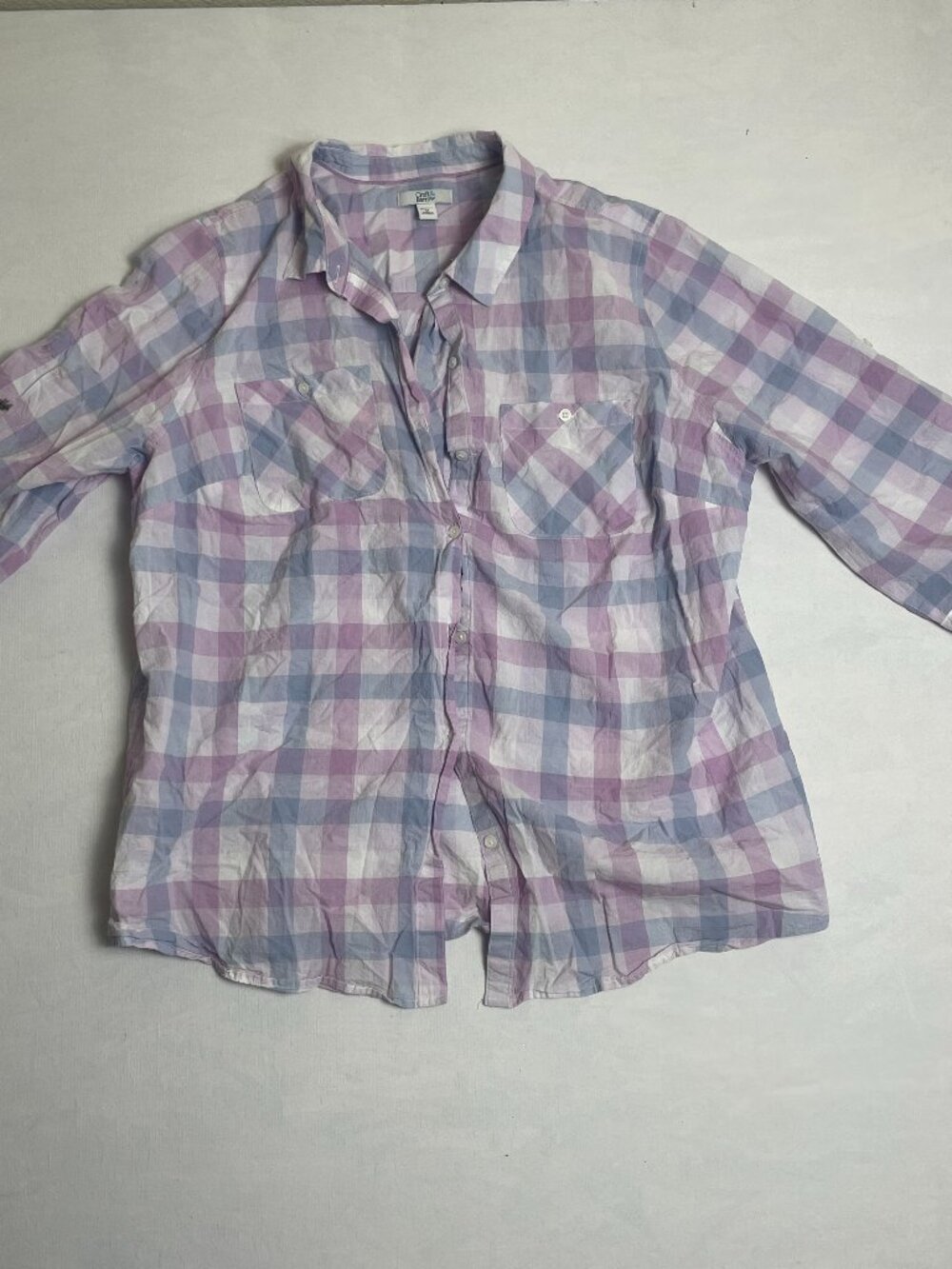 Croft & Barrow Women's 1X Pink/Green/White Plaid Flannel Button Down Shirt